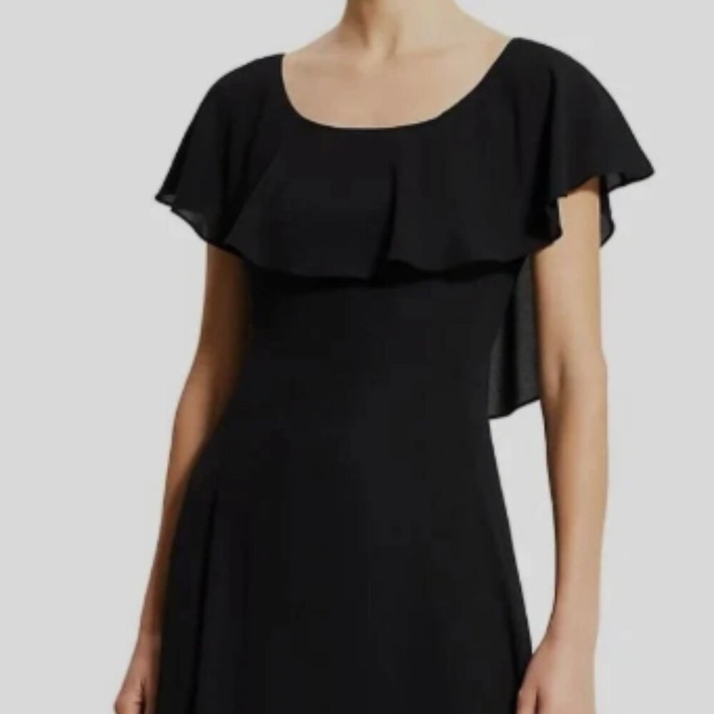 $375 Theory Black Georgette Ruffle Scoop Neck Midi Dress in Black, Women's 8 NEW
